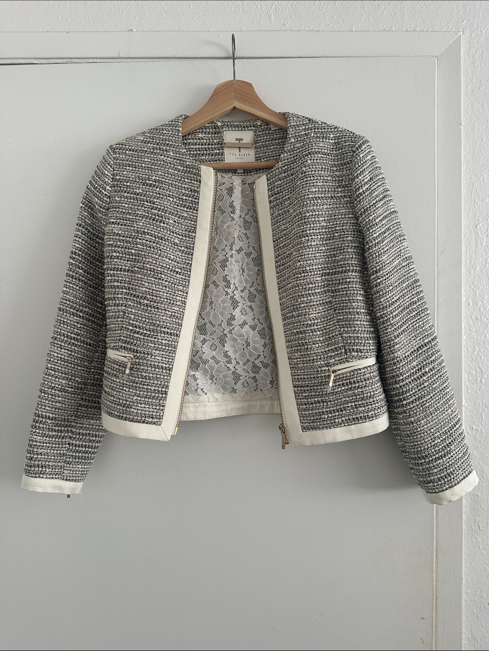 Ted Baker Preyaa Gray & Cream Tweed Cropped Jacket with Lace Lining